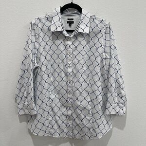 Talbots Shirt Top Women's Sz 18 Button Up Long Sleeve White Navy Blue Career